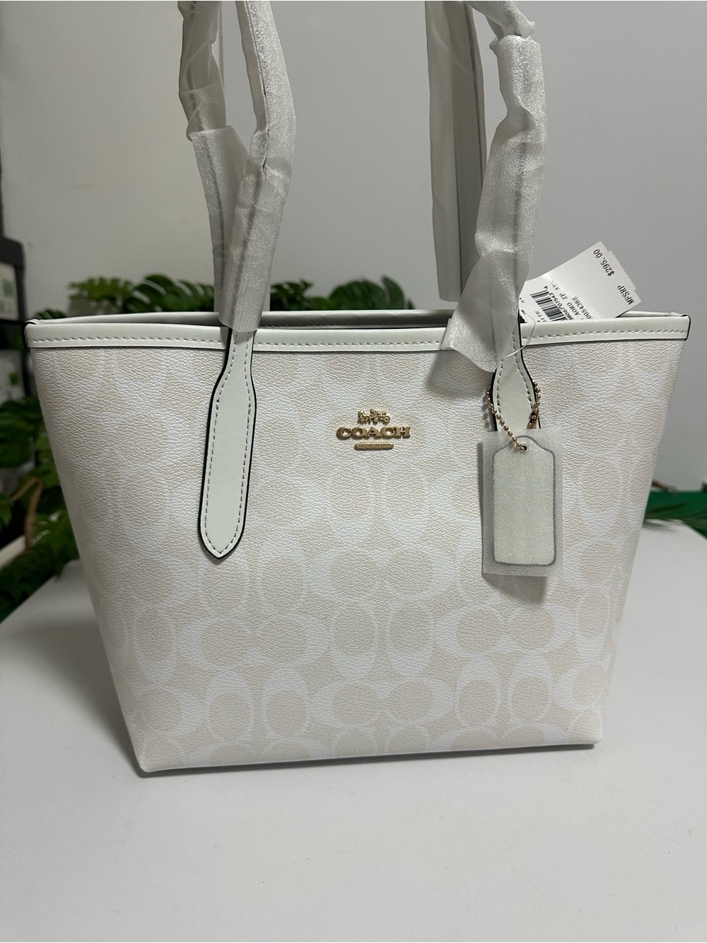 Coach Cream/White Signature Tote with Gold Hardware